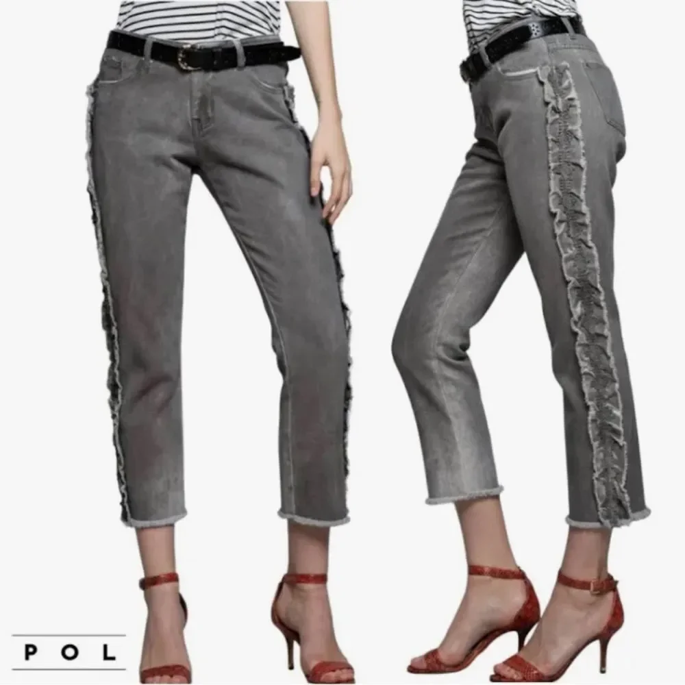 POL | Anthropologie Jeans Pol Ruffle Side Crochet Trim Mid Rise Cropped Gray M - Picture 1 of 12